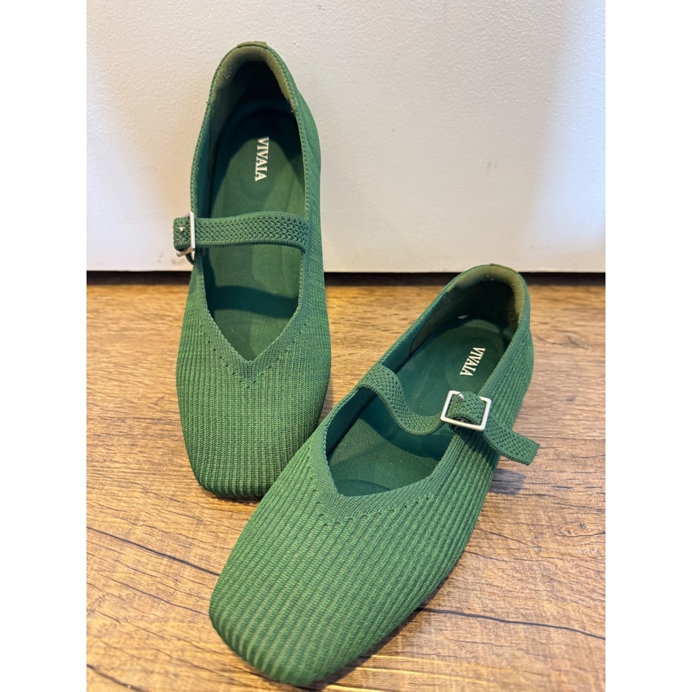 Vivaia Green Knit Mary Jane Flats Square Toe Buckle Strap Sustainable Shoes 37.5
